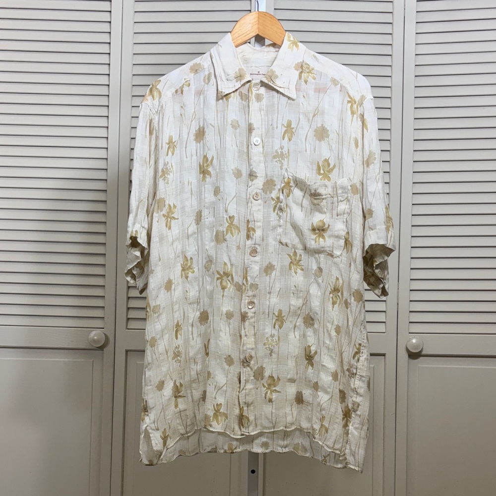 Ermenegildo Zegna Beige Floral Button Down Linen & Cotton Shirt Medium